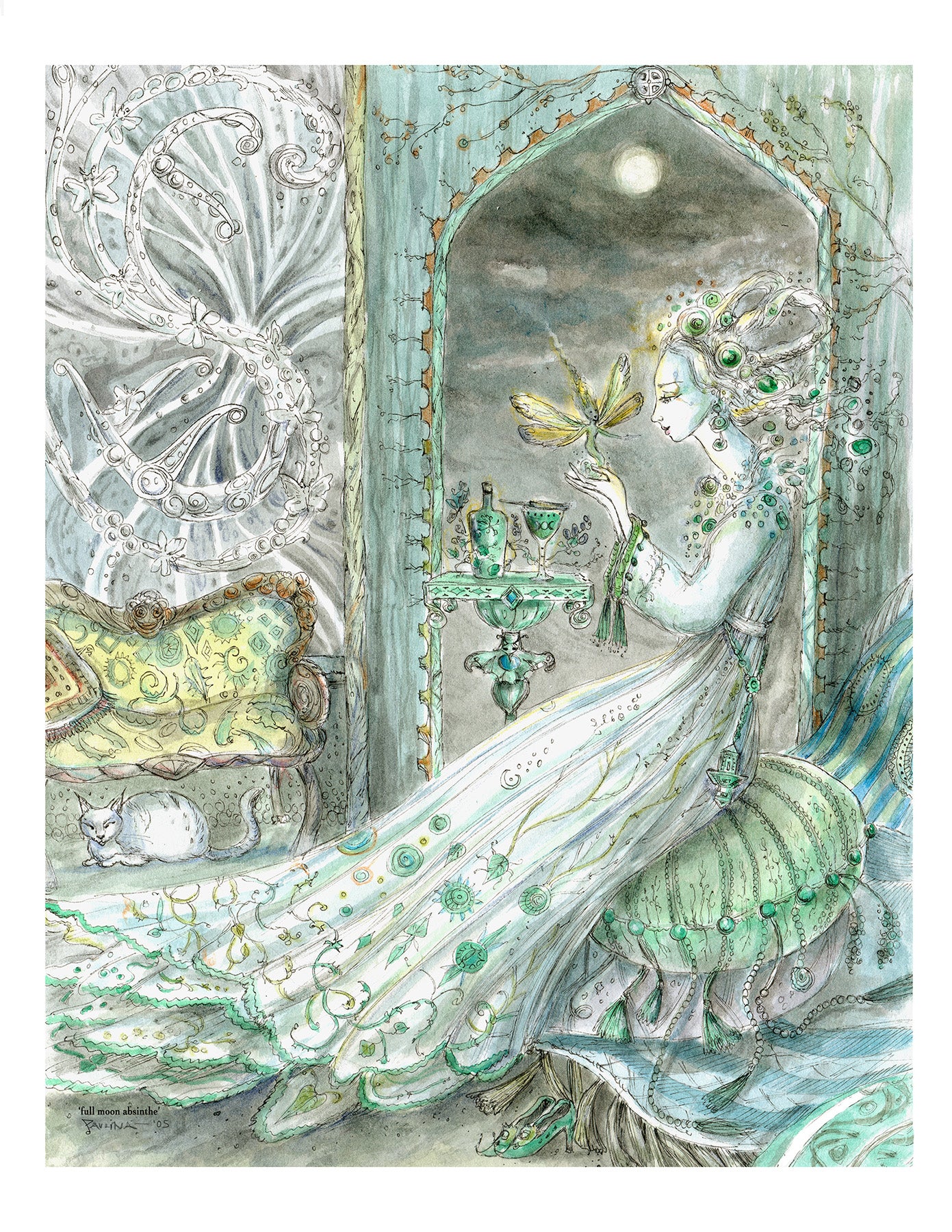 Artistic illustration of a woman in an ornate room with decorative elements.