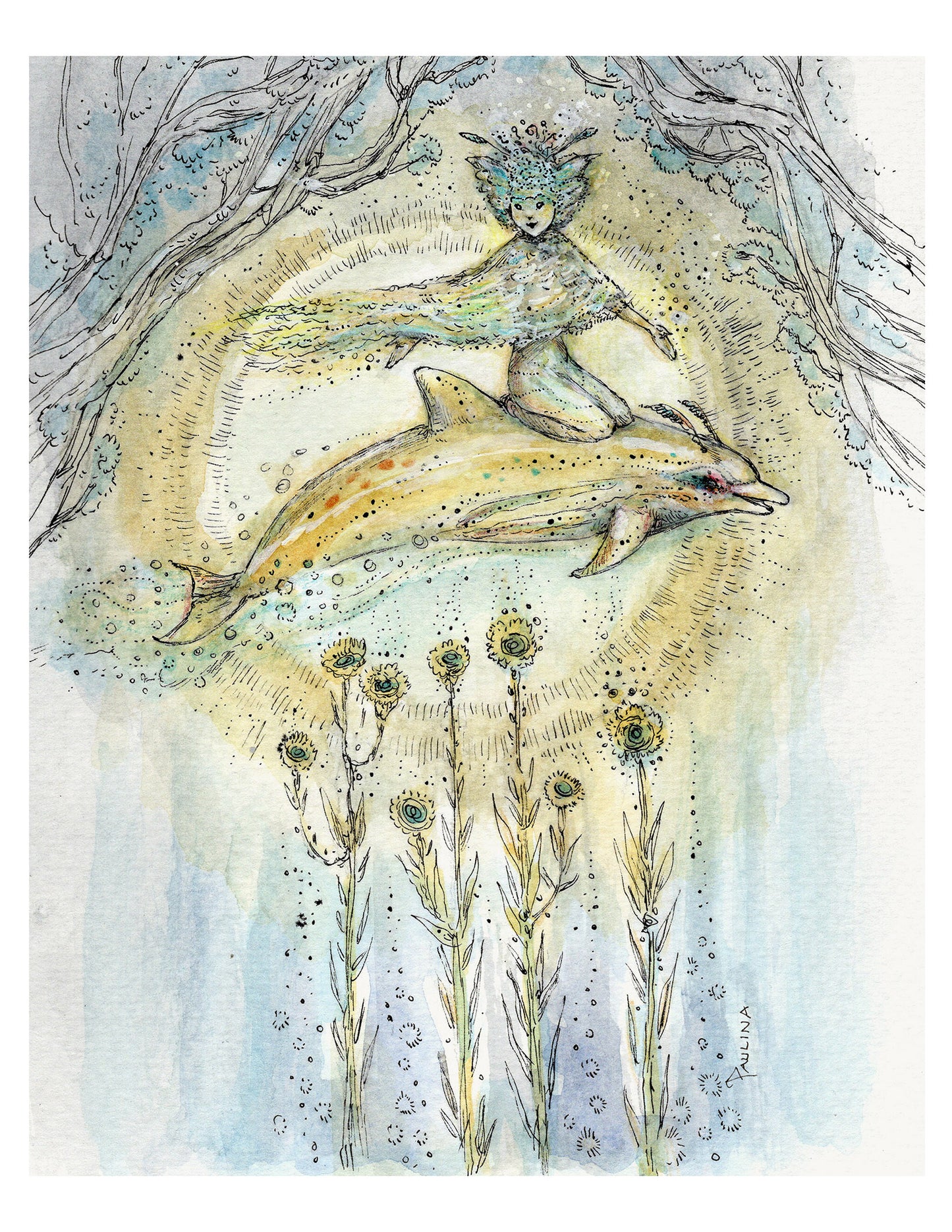 Art of a pixie riding a dolphin surrounded by plants and flowers.