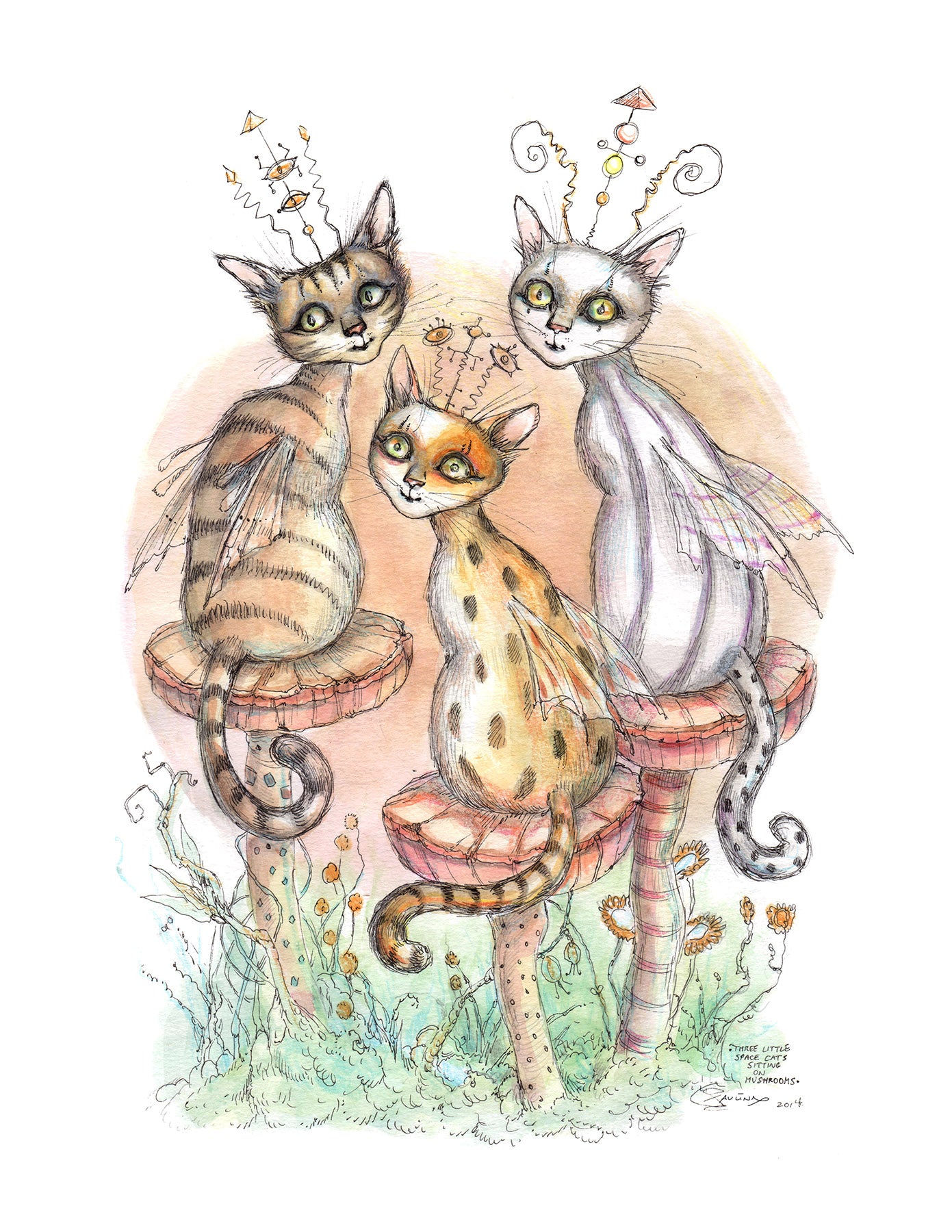 Three Little Space Cats on Mushrooms