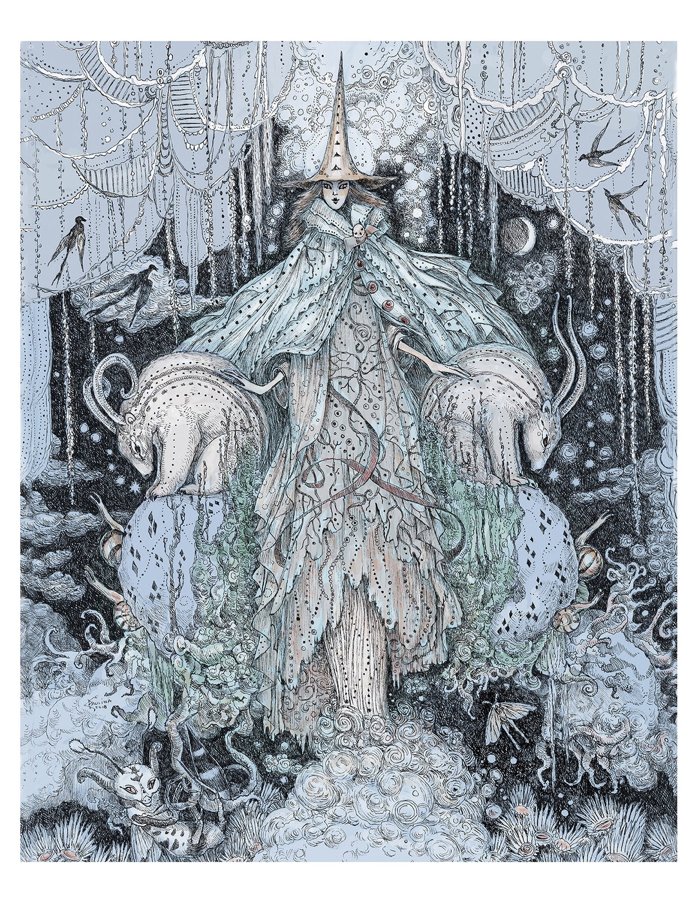 Art print of a beautiful witch in a fantasy forest setting with intricate details