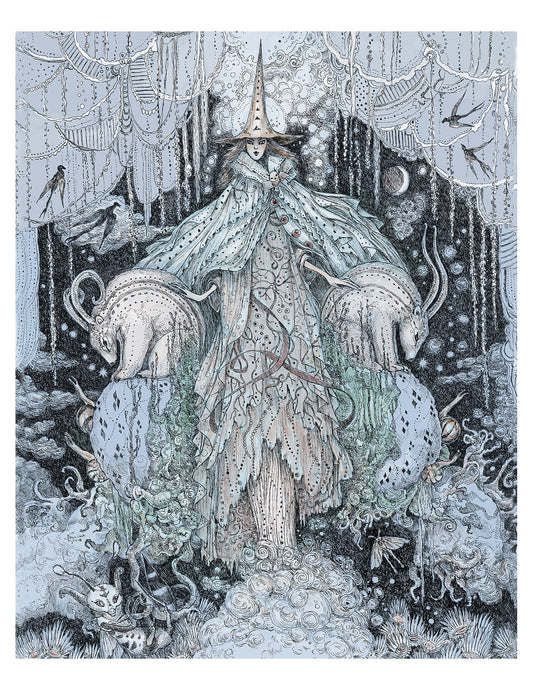 Art print of a beautiful witch in a fantasy forest setting with intricate details