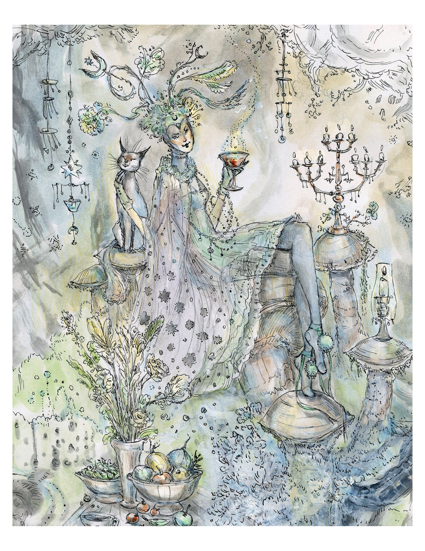 Fantasy illustration of a woman in a mystical setting with plants, wine, and candles.