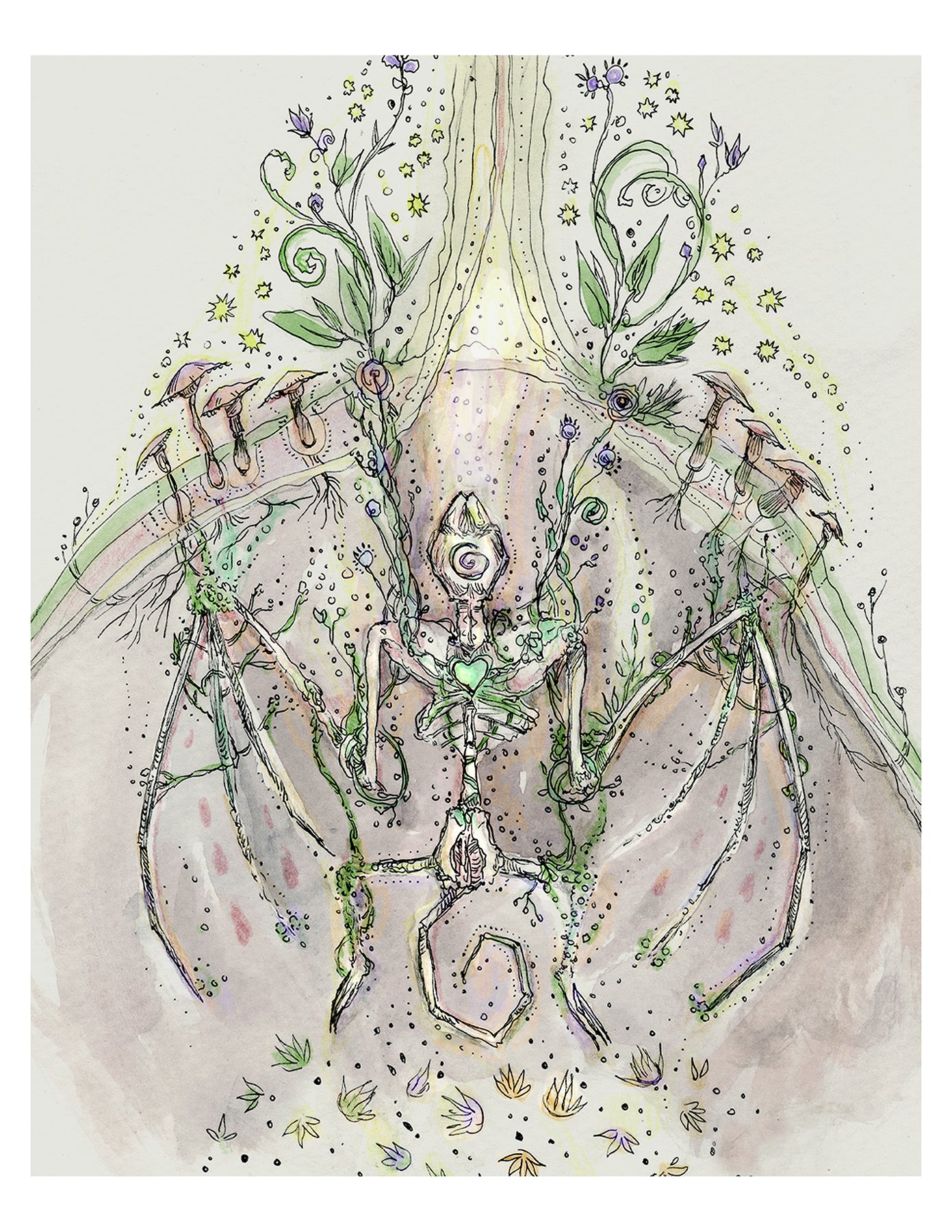 Artistic illustration of a skeleton bat buried in the ground with floral elements.