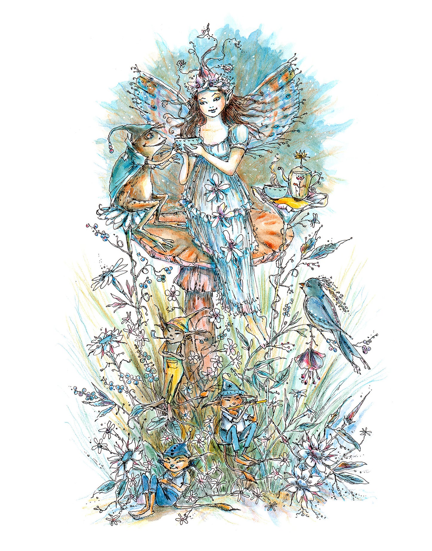 Colorful illustration of a fairy surrounded by nature elements on a white background
