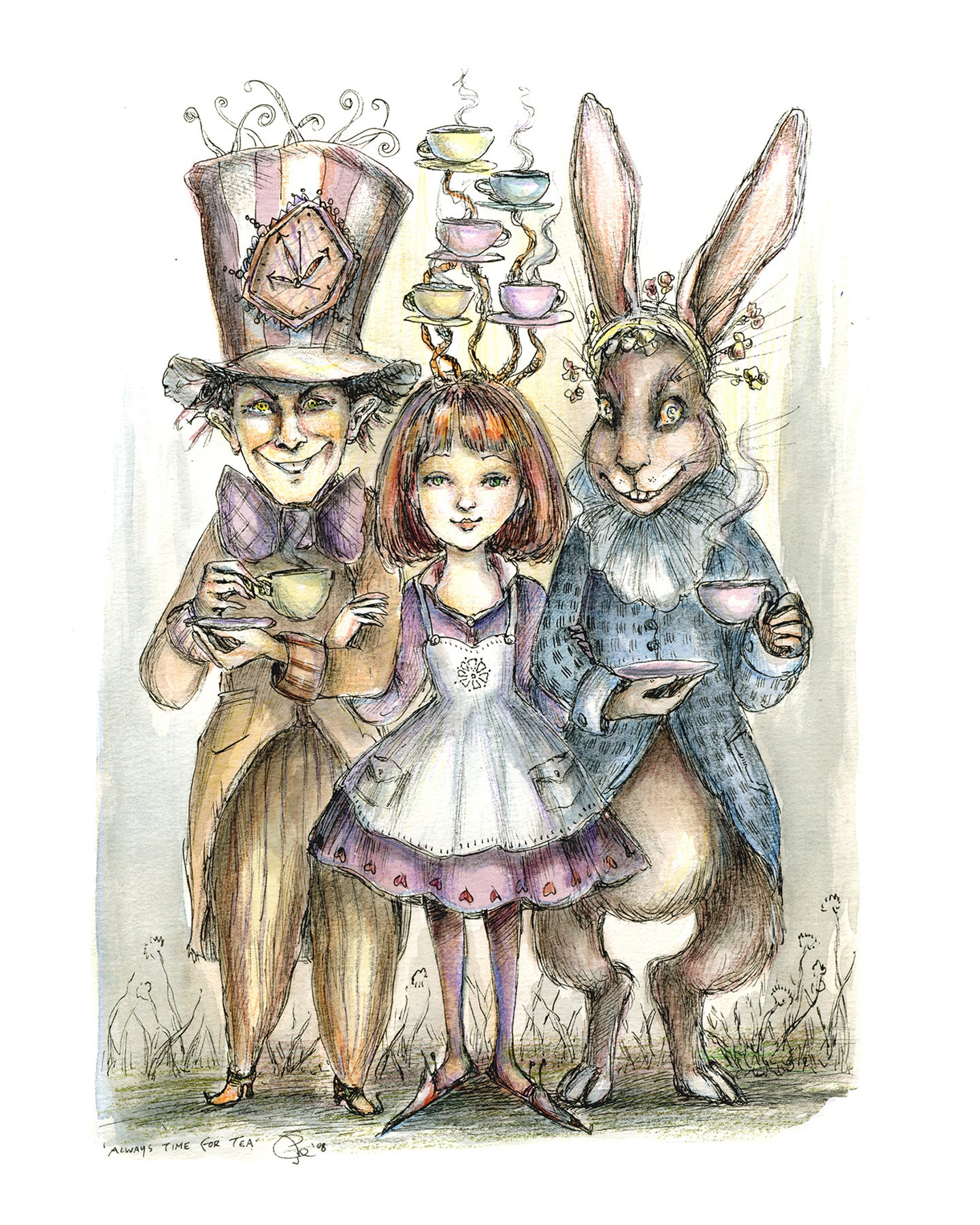 Illustration of Alice with a rabbit and a mad hatter at a tea party.