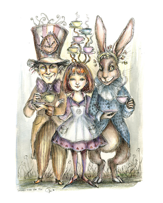 Illustration of Alice with a rabbit and a mad hatter at a tea party.