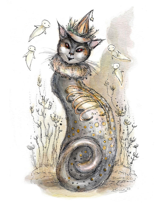 Fantasy illustration of a Halloween cat with a witch hat on its head, surrounded by small ghosts and plants.