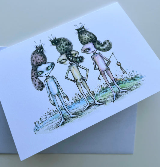Greeting card with alien characters  and their cats on a white background