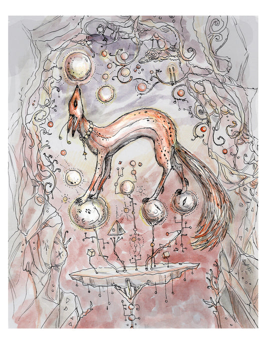 Fantasy illustration of a fox creature with celestial elements on a soft pink background