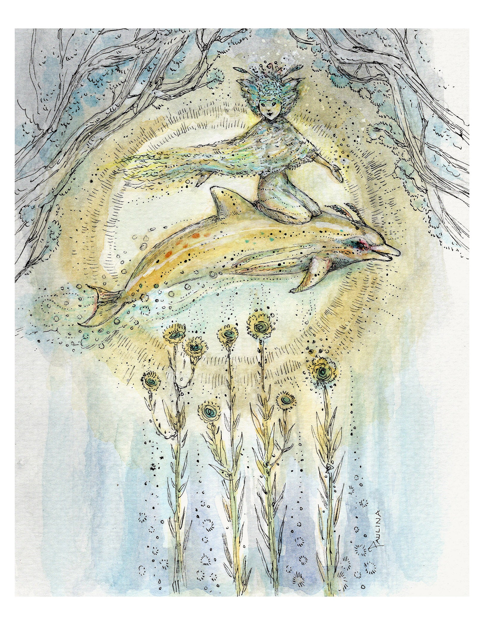 Art of a pixie riding a dolphin surrounded by plants and flowers.