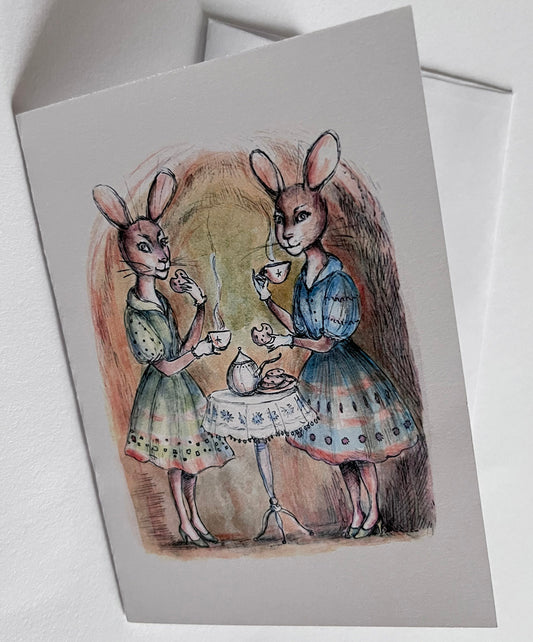 Rabbit Girls with Tea Note Card